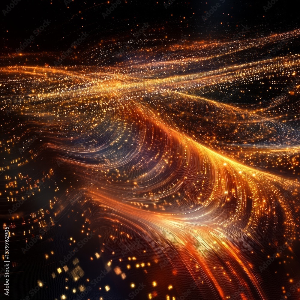 Poster Golden Light Trails: An Abstract Visualization of Data Flow and Connectivity on a Dark Background 