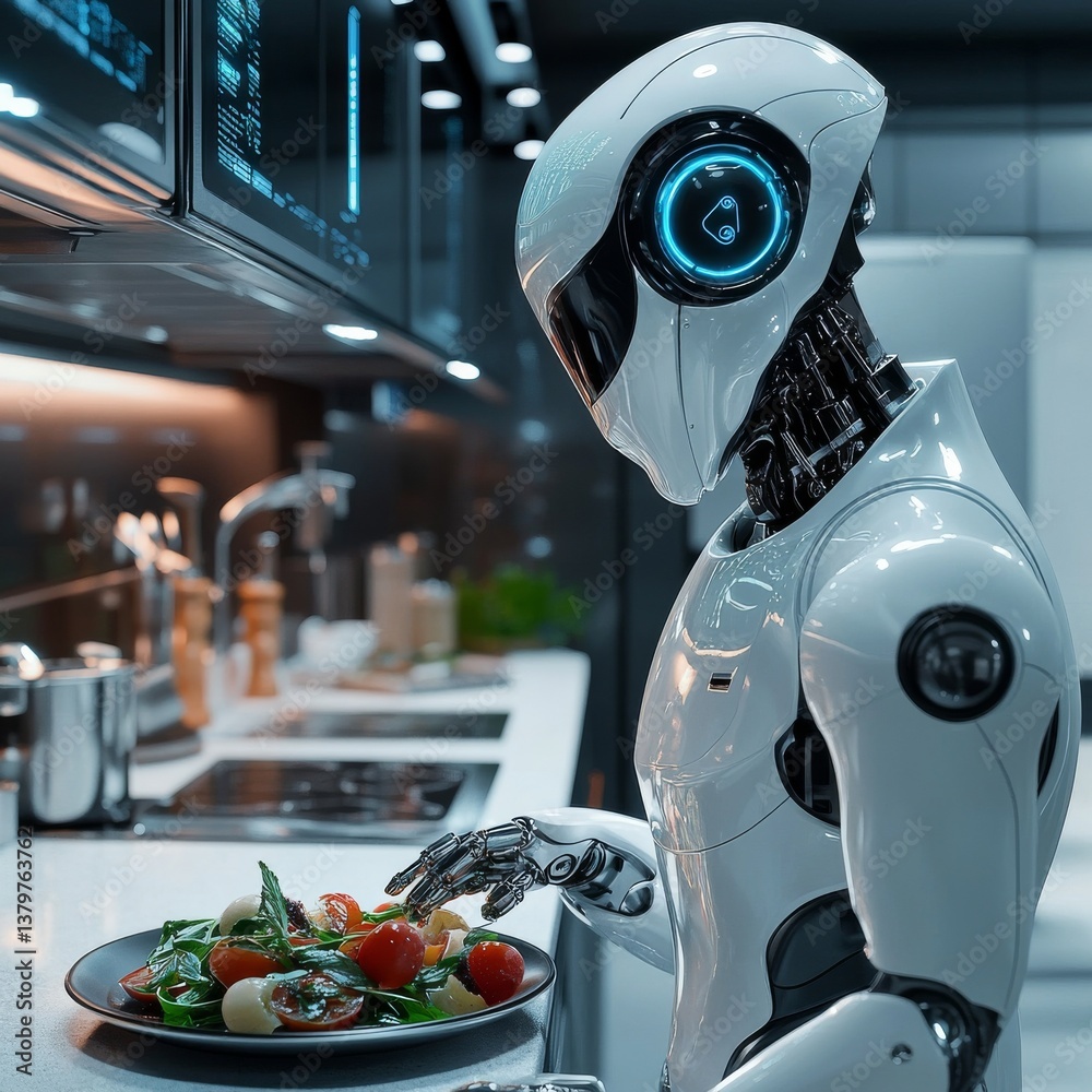 Fototapete Robotic Chef Preparing Salad: Futuristic Kitchen Scene Featuring an Android with Culinary Skills and Technological Integration
