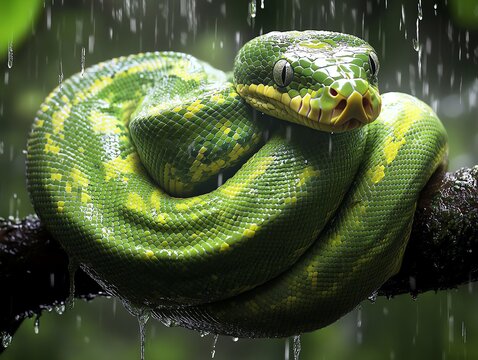 Resting Green Tree Python Under Gentle Rain in Tropical Forest
