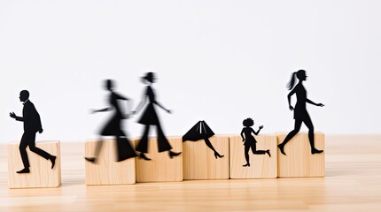 People silhouettes walking running and navigating wooden cube steps