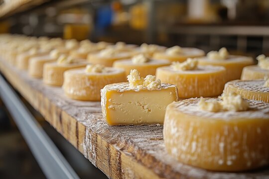 Artisan cheese on display in a workshop showcasing traditional cheese-making process and craftsmanship