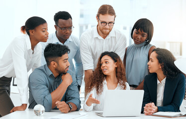 Laptop, staff and mentor for helping on project in office, teamwork and teaching interns in...