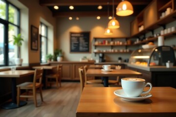 Abstract blur of a cozy coffee shop interior with warm lighting, wooden furniture, and a display of delicious pastries and coffee drinks,  pastries, abstract