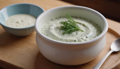 a bowl of creamy garlic dill sauce on a wooden board