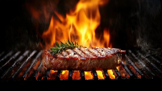 A sizzling steak on a grill with flames