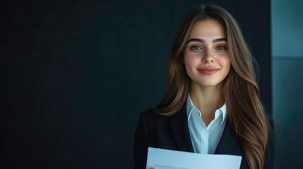 Businesswoman in a Suit, Smiling and Presenting a Document Report