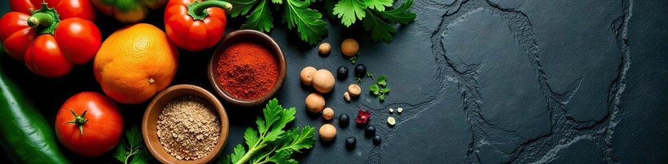 Assorted fresh vegetables, herbs, and spices on dark stone table Ingredients for cooking with copy space available,  stone,  cooking