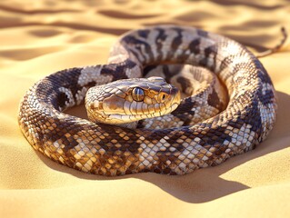 Obraz premium Rattlesnake Coiled on Desert Sand Close-up for Wildlife Imagery