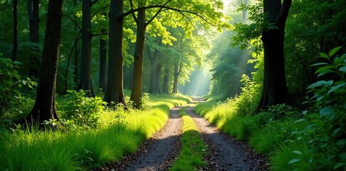 A winding walking path through a lush forest with sunlight filtering through the trees,  pathway,  activity