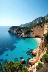 Obraz premium Beautiful panoramic view of Cala Fornells in Mallorca Spain overlooking the stunning Mediterranean Sea with cliffs and clear turquoise water in the foreground, landscape, travel