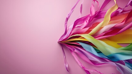 Obraz premium Colorful ribbon streamers dance across a soft pink background vibrant artistry whimsical decor close-up view