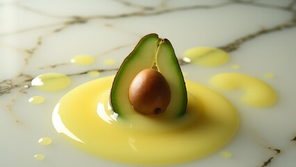 Avocado forms temporary creamy crater. Marble captures golden oil orbs separating from emulsion during non-Newtonian collapse.