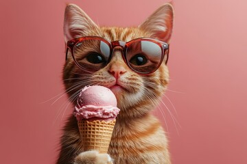 Cat wearing sunglasses enjoys pink ice cream cone against a pastel backdrop
