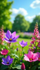 Fototapeta premium Beautiful purple, pink, and multicolored flowers in full bloom adorn a serene garden, creating a vibrant backdrop against a bright summer sky, colorful, beauty