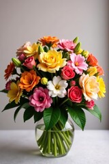 Obraz premium Beautiful bouquet of colorful flowers with vibrant petals and lush green leaves, garden, fresh