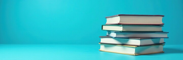 A stack of assorted notebooks on a vibrant blue background, providing ample copy space for customization or inserts,  stationery,  customizable