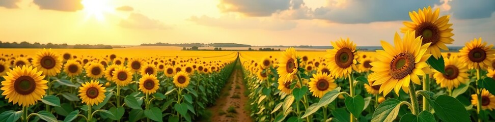 Obraz premium A scenic view of endless sunflower fields sprawling across the horizon, landscape, sky