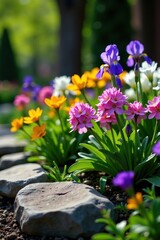 Beautiful spring flower bed with blooming phlox subulata, heuchera, ajuga, viola, and iris behind a border of large stones,  ajuga,  phlox subulata