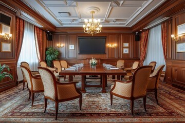 Fototapeta premium A luxurious conference room with a large table and chairs