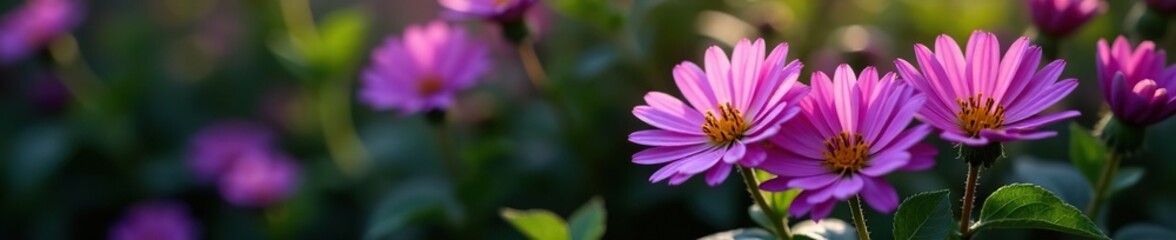 Obraz premium Beautiful close-up shot of vibrant purple aster flowers in full bloom surrounded by lush green leaves, bloom, plant