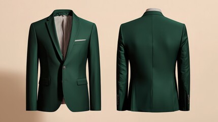Stylish green single-breasted suit jacket with notched lapel - front and back view
