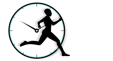 Black silhouette of running man against clock, white background. Time awareness poster. Copy space