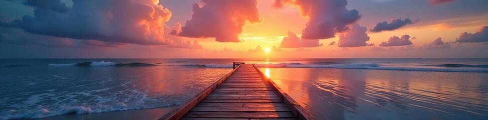Fototapeta premium Beautiful sunset beach scene with a wooden path leading to the sea, reflecting colorful hues in the calm water, sunset, relax