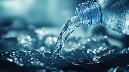 A cinematic shot of a transparent water bottle being filled with crystal-clear purified water