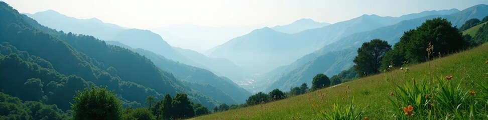 Obraz premium A serene misty morning in the picturesque mountains of Alpes Maritimes, with rolling hills, green forests, and a tranquil atmosphere, misty, Alpes Maritimes