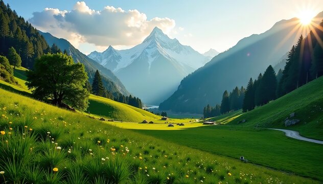 A stunning aerial view of Fairy Meadows with vibrant green landscapes and Nanga Parbat in the background bathed in golden light, in high resolution,  4K resolution,  scenic