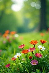 Obraz premium A serene picture of colorful flowers blooming in a grassy field, meadow, flowers