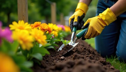 Naklejka premium A gardener wearing gloves and using a trowel to plant colorful flowers in a neatly organized garden bed, garden bed, colorful