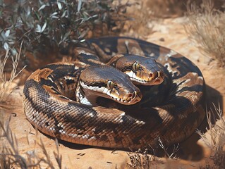 Fototapeta premium Two Headed Snake Coiled Together in Nature Close Up