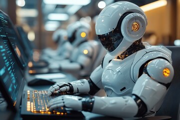 Fototapeta premium Robots working diligently at computers in a modern office environment during the day