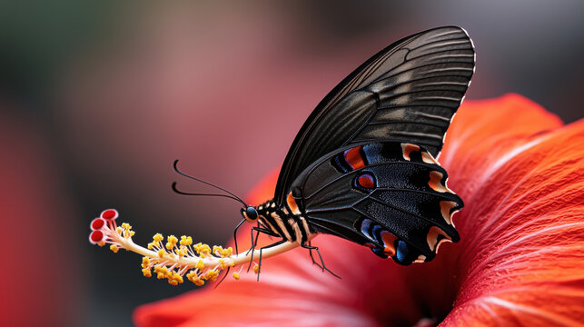 close up Bug. close up of vibrant butterfly delicately perched on red flower showcases intricate wing patterns
