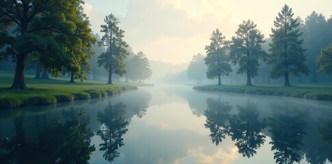 A serene symmetrical ethereal landscape with mirrored reflections of towering trees and a tranquil lake,  reflections,  serene