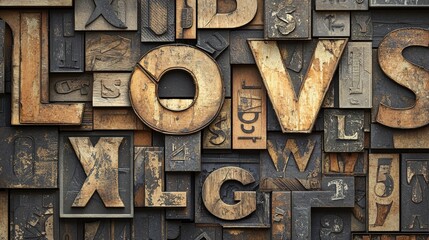 Vintage wooden letterpress blocks collage in earthy tones, showcasing craftsmanship and history