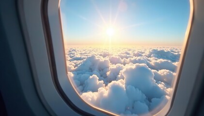Airplane window overlooking clouds with sunlight, perfect for travel blogs and website backgrounds,  travel, airline