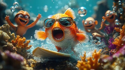 Whimsical cartoon fish riding surfboard in vibrant underwater scene