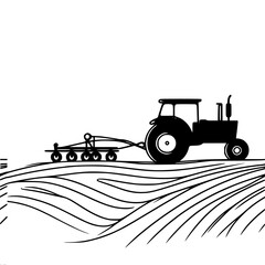 Tractor plowing fields with agricultural lines on a white background, Simple line  vector drawing    