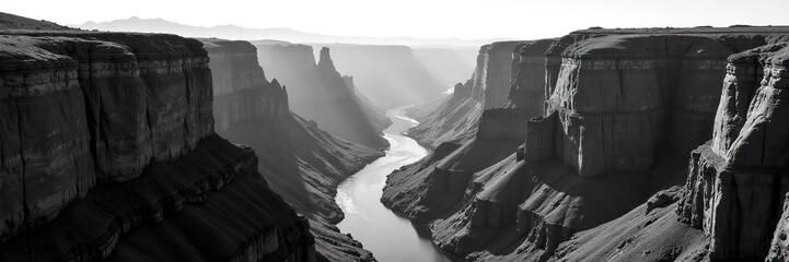 Black and white photograph of the majestic Grand Canyon featuring dramatic cliffs and winding river,  landscape,  desert wilderness