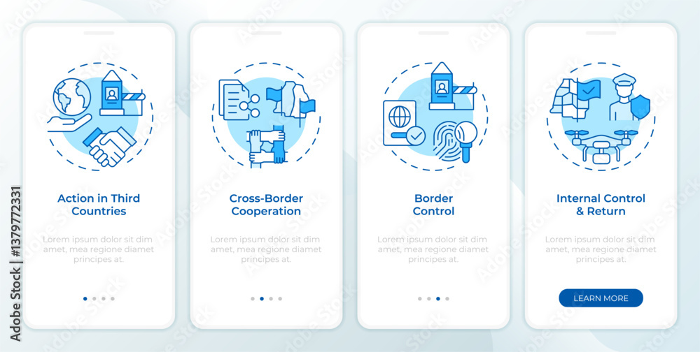 Wall mural four filter model blue onboarding mobile app screen. ibm system work. walkthrough 4 steps editable g