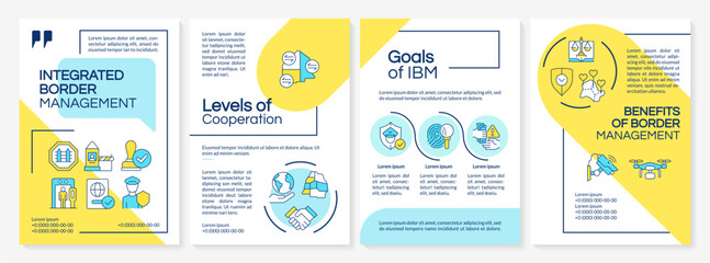 Integrated border management blue and yellow brochure layout. National security service. Leaflet advertising design with color line icons. Editable 4 pages. Questrial, Lato-Regular fonts used