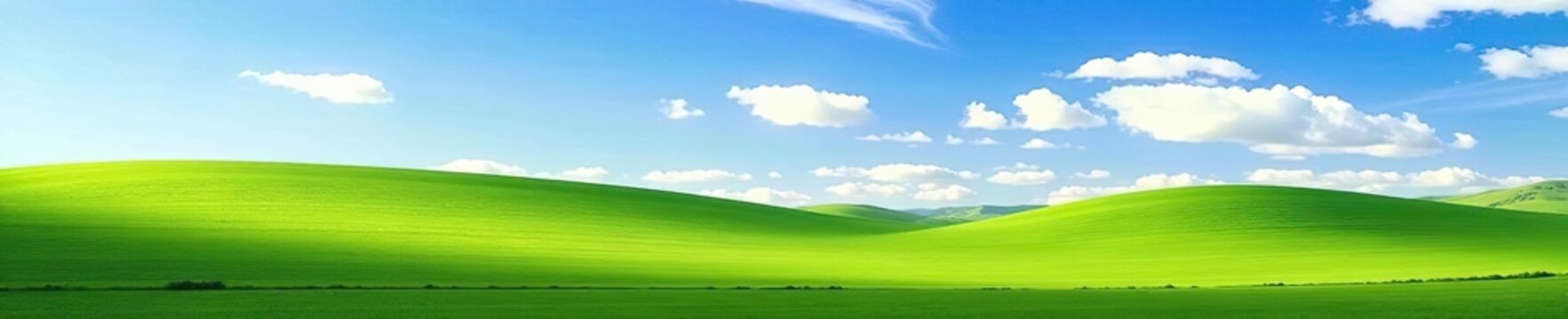 A stunning landscape of vibrant rolling hills with fluffy clouds scattered across a blue sky,  day,  peaceful