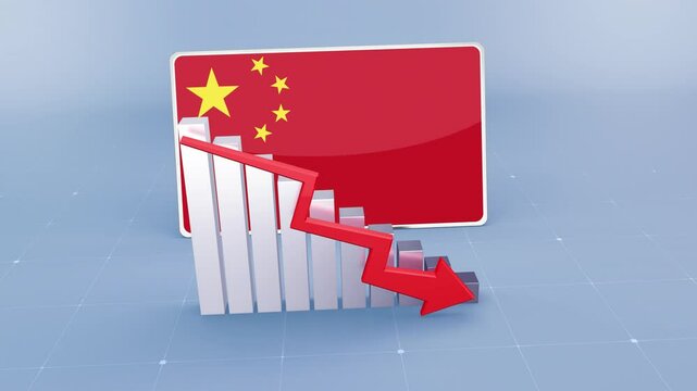 China Country Flag and Bar Chart Graph Showing Decreasing Values a Red Arrow Economic Crisis Concept. Flag of the China