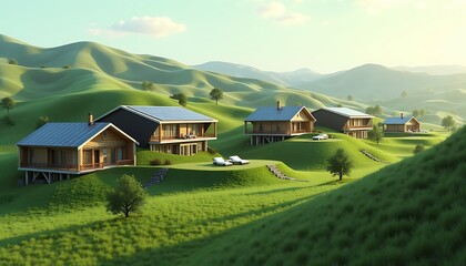 Rural Village with Green Hills