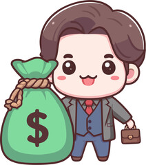 Cute Cartoon Businessman Holding Money Bag and Briefcase