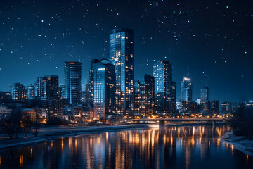 Obraz premium Luminescent Cityscape: Embracing the Night's Tranquil Charm with Urban Luminous Tapestry