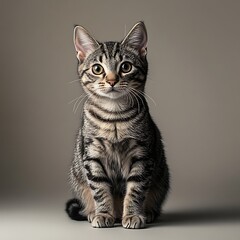 Fototapeta premium Adorable tabby kitten sitting elegantly, gazing with curious eyes