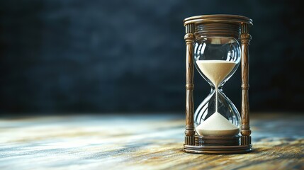 Classic wooden hourglass with flowing sand on textured surface